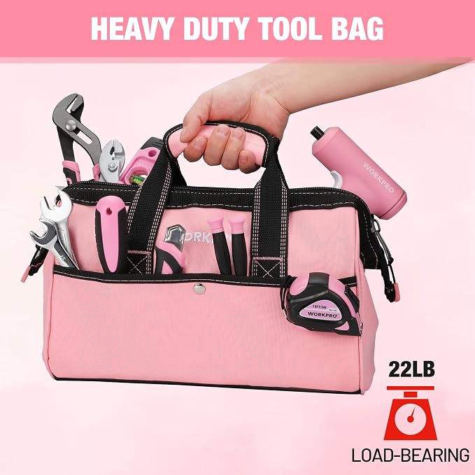 WORKPRO 13-Inch Tool Bag, Pink Soft Cloth Tool Storage Bags, Wide Mouth Tool Tote Bag with Inside Pockets - Pink Ribbon | Soft Cloth, Wide Mouth, Tool Tote Bag