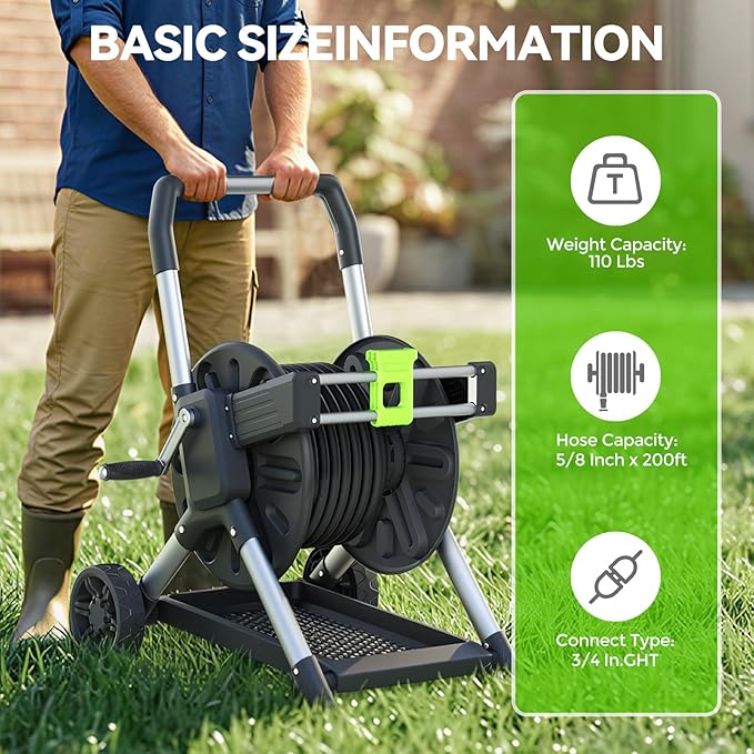 Upgrade Garden Hose Reel Cart, Holds 200 Feet of 5/8-Inch Hose, Hose Reel Cart With Effort-saving Hand Crank,Freestanding Water Hose Reels for Outside Garden Lawn Yard Outdoor