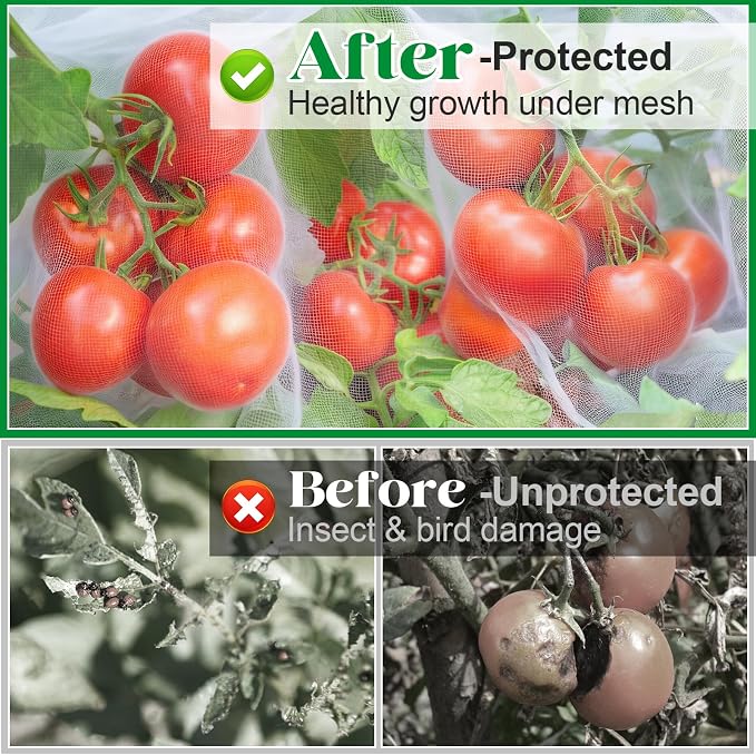 6 Pack Tomato Cage Netting Covers for Square Tomato Cages, 41.4" × 17.4" Fine Mesh Garden Netting with Easy-Access Zipper & Adjustable Drawstring, Durable Bird & Insect Barrier for Tomato Plants