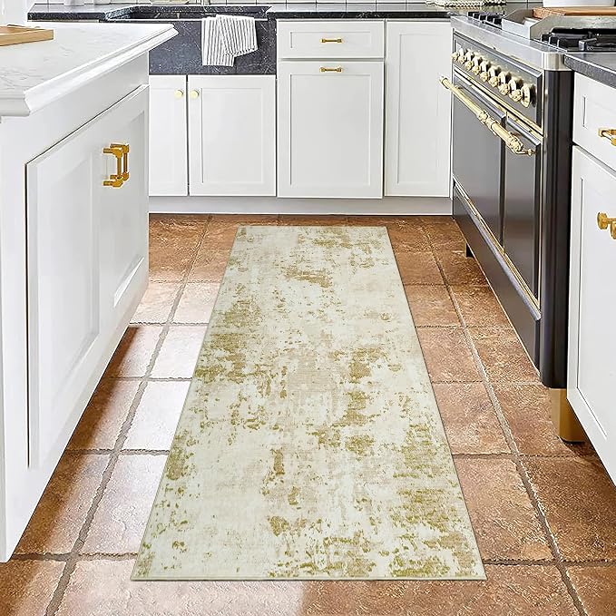 ROYHOME Modern Abstract 2x10 Runner Rug Washable Non Slip Stain Resistant Rug for Hallway Kitchen Bedroom Non Shedding Low Pile Indoor Floor Cover,Golden Grey