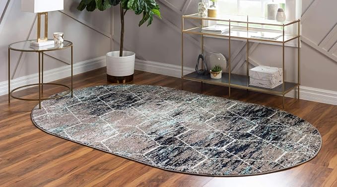 Unique Loom Trellis Frieze Collection Area Rug - Geometric (5' x 8' Oval, Blue Multi/ Ivory)