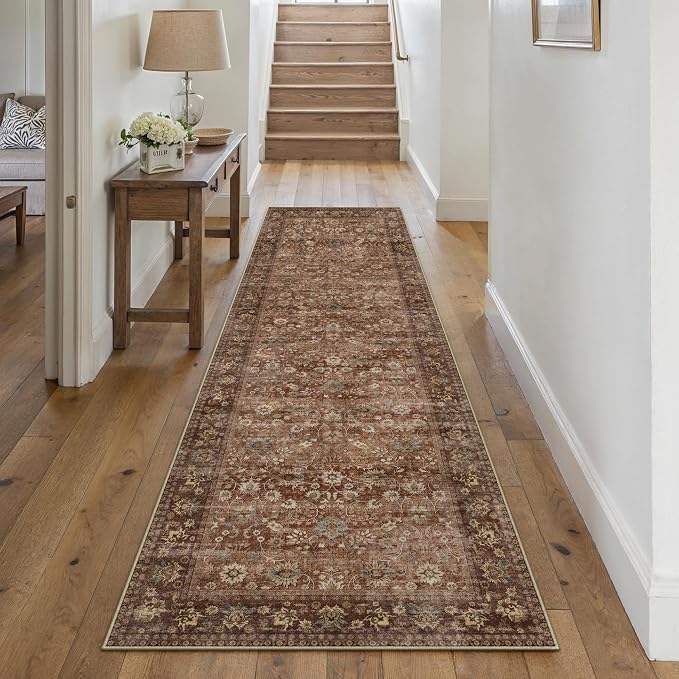 HUGEAR 2x8 Runner Rug Machine Washable Brick Red Hallway Area Rug Indoor Accent Rugs Floral Low Pile Carpet Soft Throw Rugs Bedroom Living Room Office Dining Kitchen Laundry Non Slip