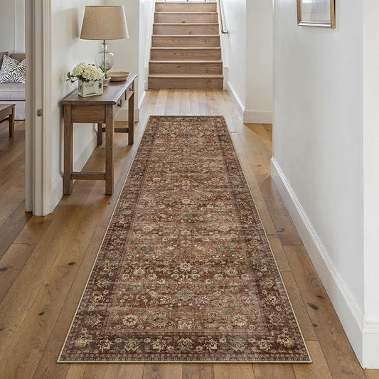 HUGEAR 2x8 Runner Rug Machine Washable Brick Red Hallway Area Rug Indoor Accent Rugs Floral Low Pile Carpet Soft Throw Rugs Bedroom Living Room Office Dining Kitchen Laundry Non Slip