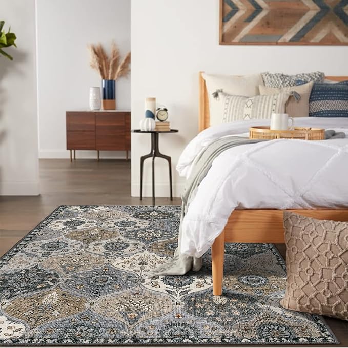 Lahome Moroccan Washable Area Rug, 5x7 Rugs for Living Room Indoor Non-Slip | Trellis Large Oriental Accent Throw Carpet for Bedroom Entryway Bathroom Office Elise, Grey