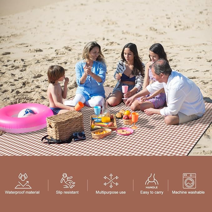 Picnic Large Blanket,78” × 78” Large Camping Blanket,with Handle,Waterproof and sandproof Bottom,Machine Washable,Outdoor Foldable Hiking Blanket, Portable and Easy to Clean (Coffee Grid)