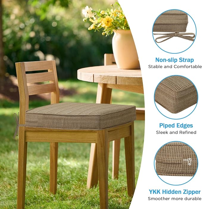 18.5 x 16 Inch Outdoor Chair Cushions with Tie Straps, Set of 4 Thick Water Repellent Rectangle Patio Chair Pads for Garden Lawn Patio Furniture, Sierra Linen