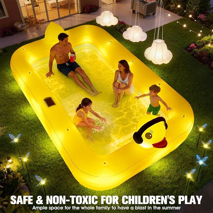 FizZeal Inflatable Pool with LED Lights,Solar Duck Inflatable Pool | 100*60*22 Thickened durable blow-up structure, suitable for kids, adults and family outdoor backyard water play