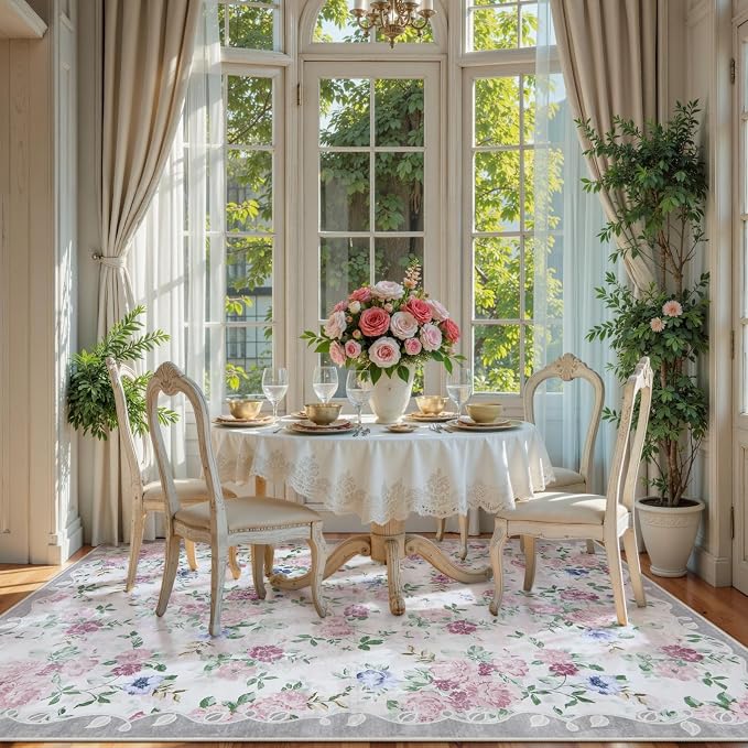 Lahome Purple Rugs for Bedroom, Floral 5x7 Area Rug | Vintage Living Room Rug Non Slip Low Pile Ultra-Thin Large Carpet for Farmhouse Dining Room Kids Nursery Nina (Purple/Grey)