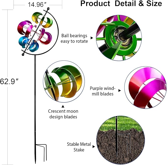 Large Kinetic Solar Wind Spinner Outdoor Metal 3D Yard Art with Stake | Multi-color wind sculpture creates a dynamic display, perfect for garden, patio, lawn and backyard outdoor decoration