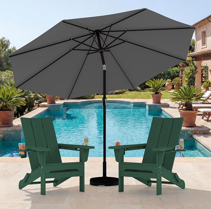 SERWALL Modern Folding Adirondack Chair Set with 9 Ft Umbrella, Folable Adirondack Chairs Set of 2 with Cup Holders, HDPE Fire Pit Chairs for Patio Lawn Garden, Green (Umbrella Base is not Included)