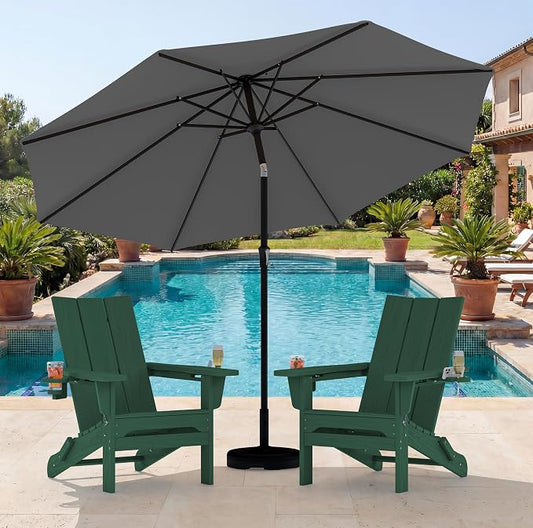 SERWALL Modern Folding Adirondack Chair Set with 9 Ft Umbrella, Folable Adirondack Chairs Set of 2 with Cup Holders, HDPE Fire Pit Chairs for Patio Lawn Garden, Green (Umbrella Base is not Included)