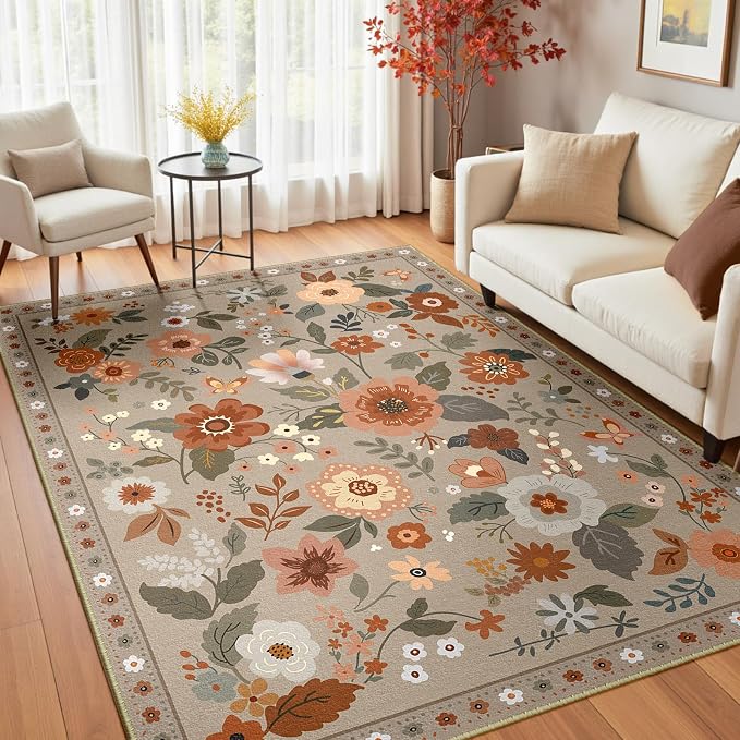 RELEANY Floral Washable 3x5 Area Rugs Brown/Brick | Flower Carpet, Print, Boho, Non-Slip, Easy to Clean, Soft, Low Pile for Living Room Bedroom Kitchen Office Entryway Hallway
