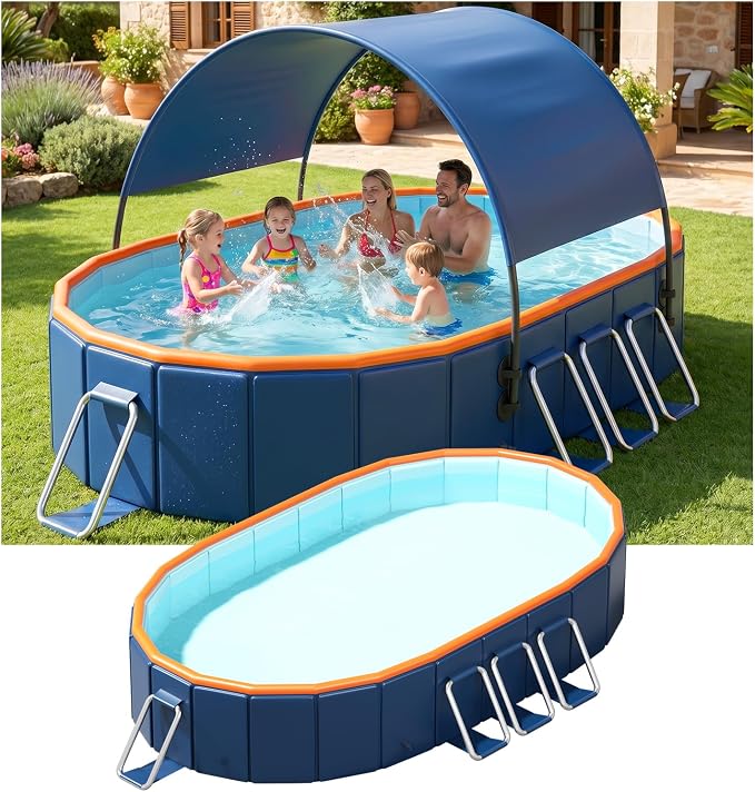 10FT Foldable Pool with UPF60+ Canopy for Audlts,Collapsible Above Ground Swimming Pool with Reinforced Triangular Supports for Backyard Family Garden