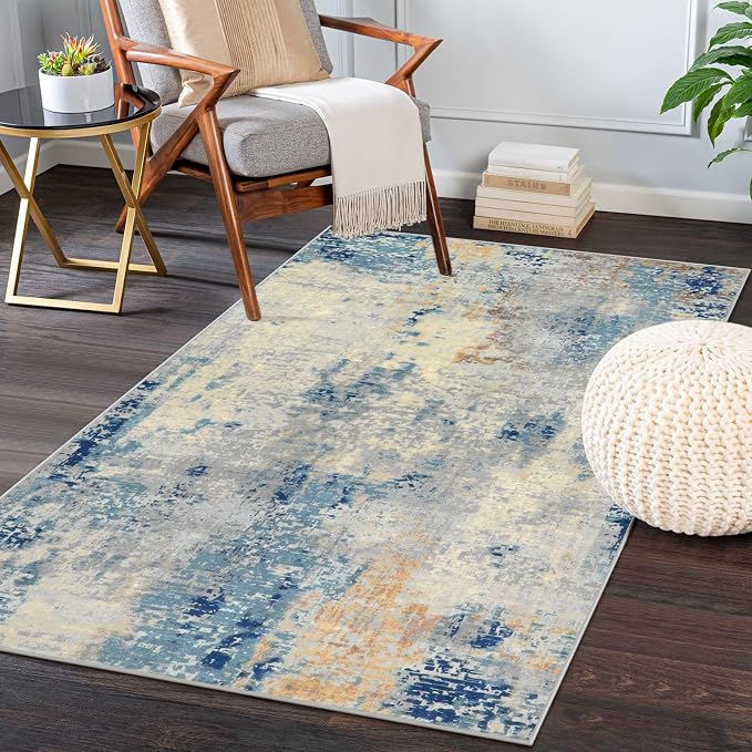 Lahome Modern Abstract Area Rug 3x5, Washable Bedroom Rug Soft Throw Entry Mat Contemporary Faux Wool Non-Slip Stain Resistant Carpet for Living Room Kitchen Bath Office, Blue/Yellow/Ivory