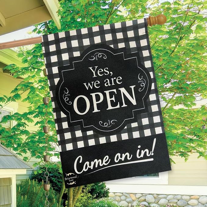 We Are Open Burlap House Flag Everyday Checkered 28" x 40" Briarwood Lane