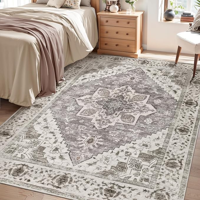 SERISSA 4x6 Washable Non Slip Boho Area Rug for Bedroom，Earth Tone | Ultra Soft Vintage Oriental Carpet Low-Pile Distressed Tribal Throw Carpet for Entry Living Room Nursery Kitchen Dorm Decor