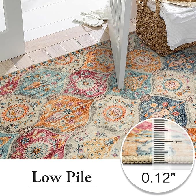 Lahome Moroccan Washable Area Rugs 9x12 Living Room, Soft 9x12 Area Rug for Bedroom, Oriental Non-Slip Non Shedding Throw Large Carpet for Dining Room Office Elise, Cream/Multi
