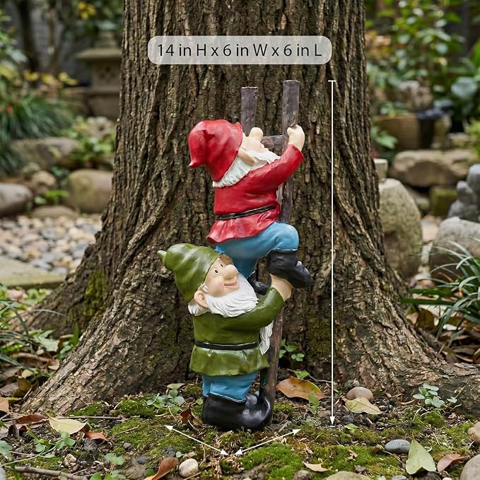 Elenon Funny Gnomes on Ladders Garden Statue, 14“ HIGH Gnomes Climbing Tree Figurine, Resin Outdoor Yard Lawn Decor, Cute Whimsical Patio Ornament for Garden, Porch, Backyard Decoration