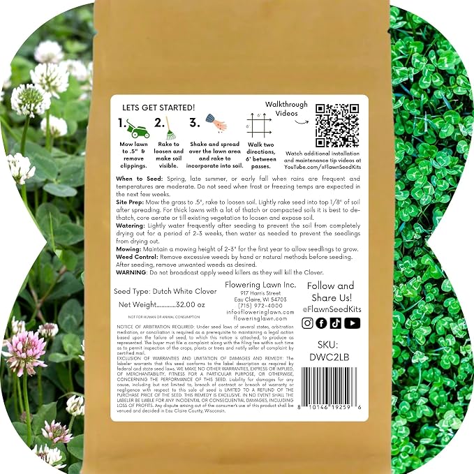 Flawn Seed White Dutch Clover Seeds, 2 Lbs, Organic Coated, Natural Lawn, Ground Cover, Food Plot, Zones 3-9, Covers up to 7,200 Sqft
