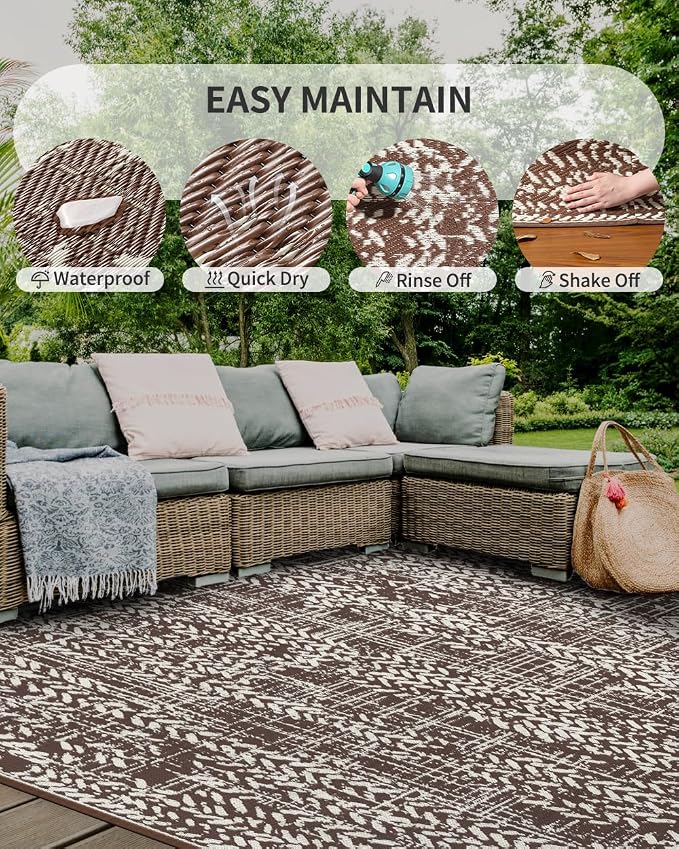 MontVoo Outdoor Rug Waterproof-Patio Rug Mat 6x9 Outdoor RV Camping Picnic Beach Mat Plastic Straw Rugs Outside Outdoor Area Rugs for Balcony Deck Backyard Brown