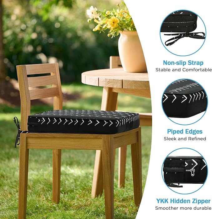 19 x 19 Inch Outdoor Chair Cushions with Tie Straps, Set of 4 Thick Water Repellent Square Patio Chair Pads for Garden Lawn Patio Furniture, Noir Trace