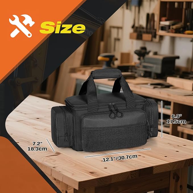 Small Tool Bag With Anti-Friction Bottom, 12-Inch Tool Organizer | Large Capacity, Top Full-Opening, Multiple Pockets, Padded Handles, Small Tool Box for Gardener, Technician, Electrician