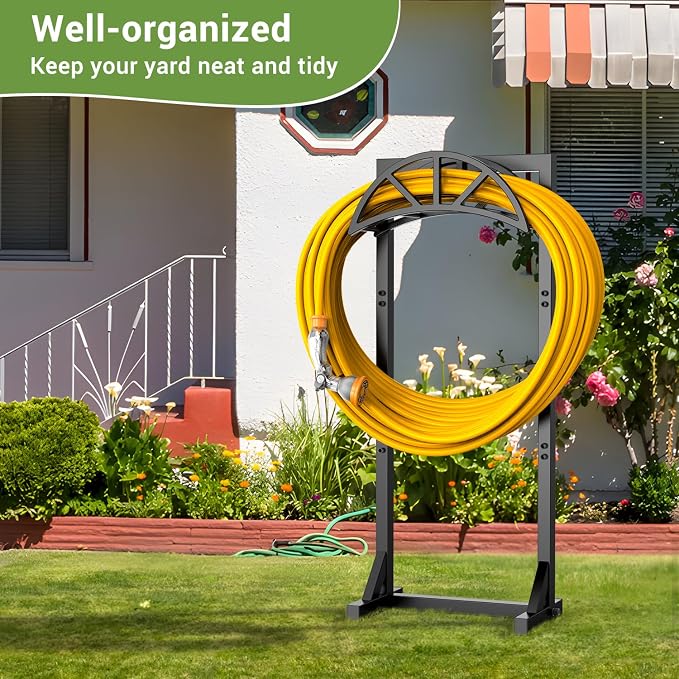 Pattiumo Garden Hose Holder Stand, Heavy Duty Freestanding Metal Hose Holder with 4 Spikes, Hose Reel Alternative Holds up to 150 ft for Yard Lawn Garden Patio