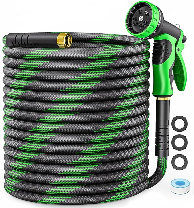 Non-Expandable Garden Hose 25 FT, Heavy-Duty & Flexible Water Hose with 10-Function Nozzle, Kink-Free & Leak-Proof Design, Ultra Lightweight Portable Yard Hose for Lawn, Car, Outdoor Use