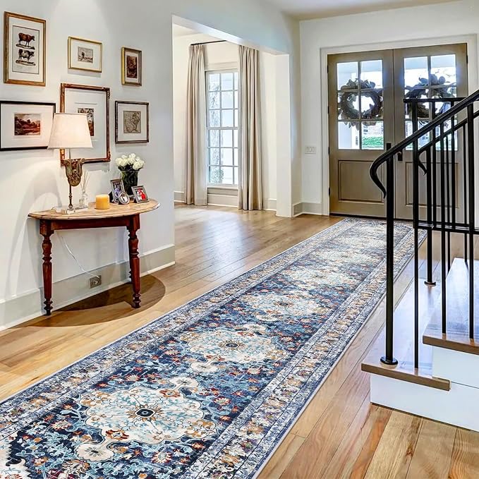 U'Artlines 2.6'x20' Boho Hallway Runner Rug Non Slip Washable Runners,Blue | Vintage Farmhouse Kitchen Rug, Extra Long, Accent Area Carpet for Entryway Laundry and Living Room
