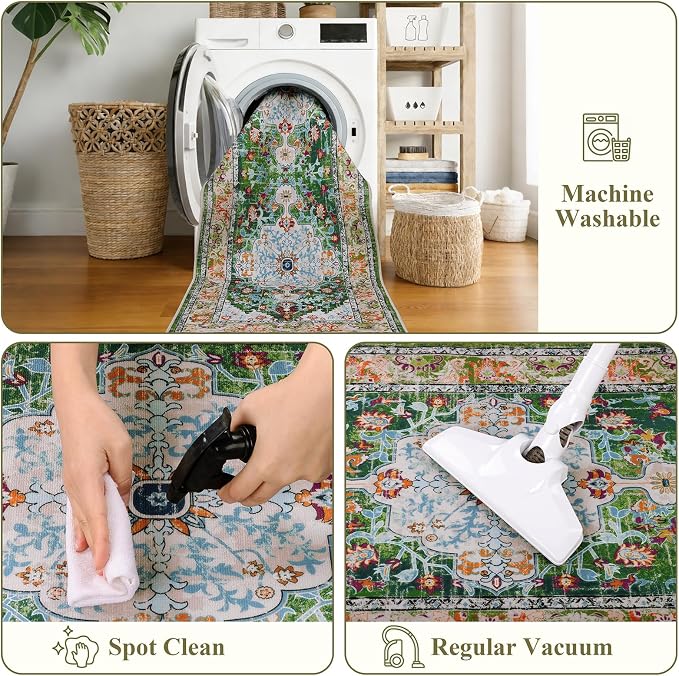 U'Artlines 2' x 6' Boho Hallway Runner Rug Non Slip Washable Runners,Green | Vintage Farmhouse Kitchen Rug Accent Area Carpet for Entryway Laundry and Living Room