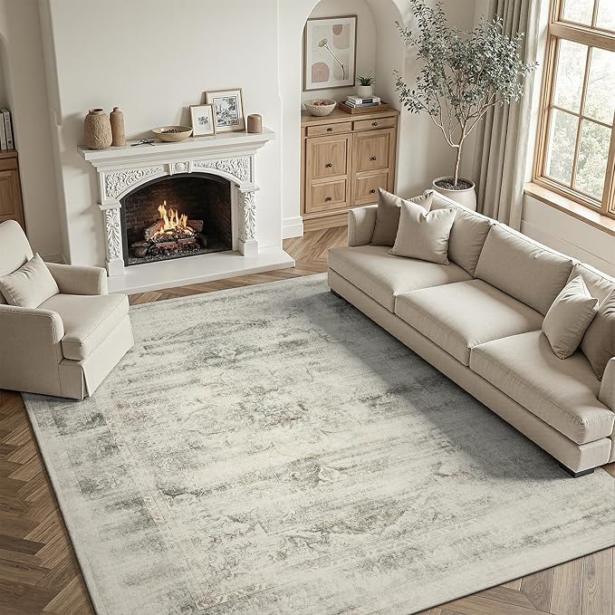 DCX Washable 5x7 Vintage Rug, Stain Resistant Distressed Beige Rug | Kid & Pet Friendly with Rubber Back Non Slip Soft Low Pile Large Carpet for Living Room, Bedroom, Home Office