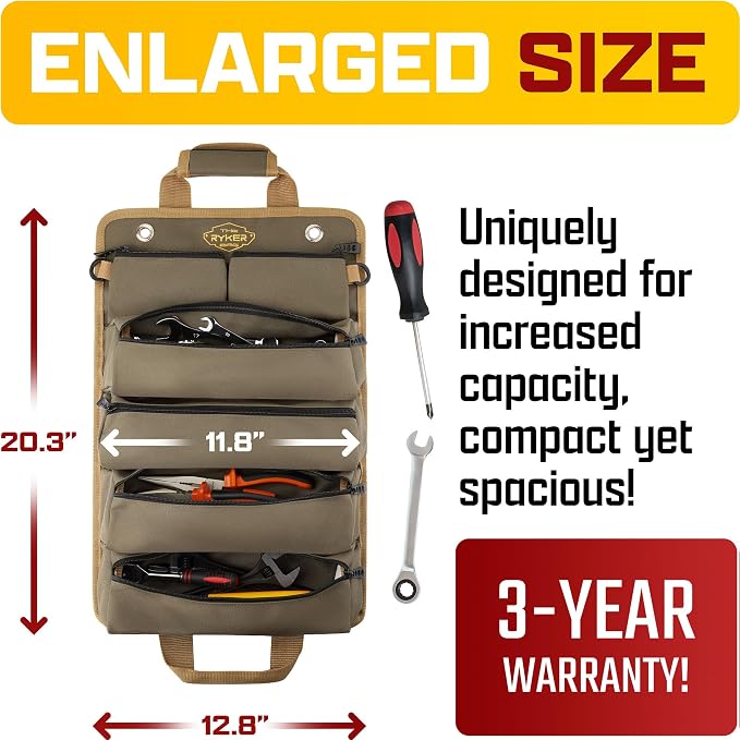 Ryker Original Heavy Duty Roll Up Tool Bag Organizer w/Detachable Pouches | Tool Roll Up Bag Dad Gifts for men / him. Portable Truck & Motorcycle accessories. Mechanic & Electrician Rollup Tools Bags