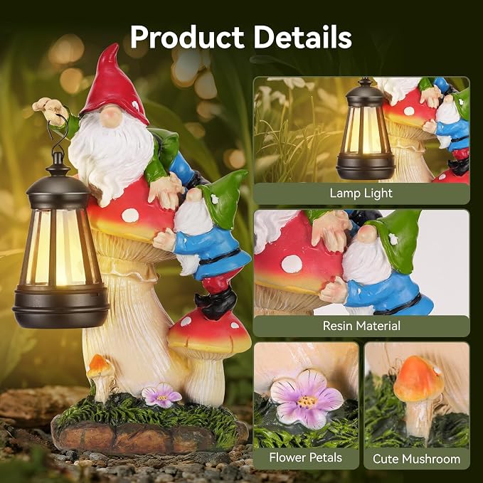 Garden Gnomes Outdoor Statues with Light, Gnomes Decorations for Yard, Solar Garden Gnome Climbing on Mushroom, Lawn Ornaments for Patio, Balcony Housewarming- Unique Women Gifts
