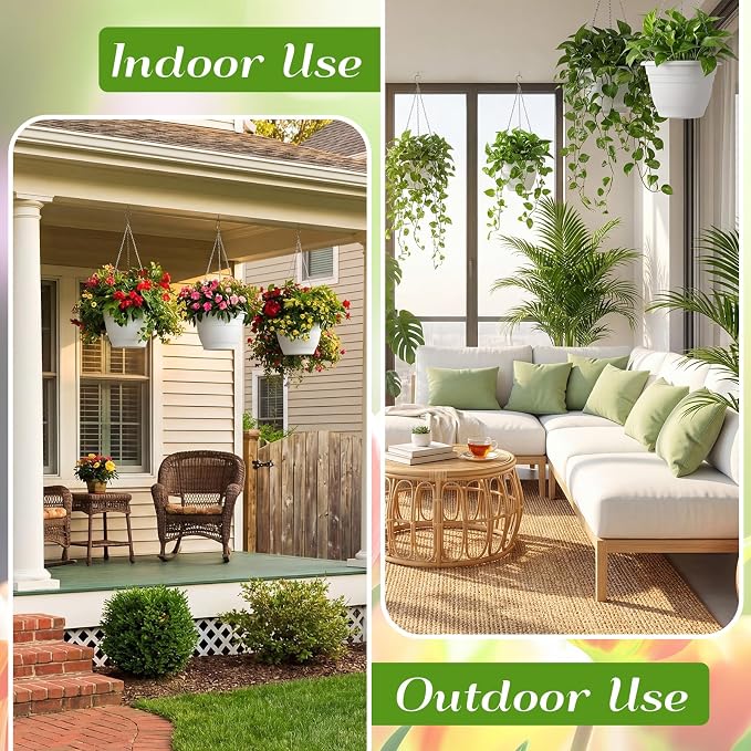10 Pack 11 Inch Plastic Hanging Planter Bulk White Hanging Baskets for Plants with Drainage Trays Self Watering Plant Pot Outdoor Indoor Planter for Garden, Balcony, Porch, Patio Decor