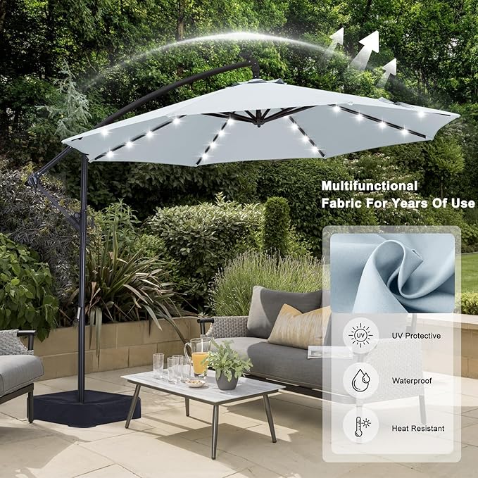ABCCANOPY 10 FT LED Patio Umbrellas Cantilever Umbrella with base, 360° Rotation Outdoor Lighted Offset Umbrella Bonus Fixed Frame & Weights Bag for Backyard, Deck, Poolside (Gray)