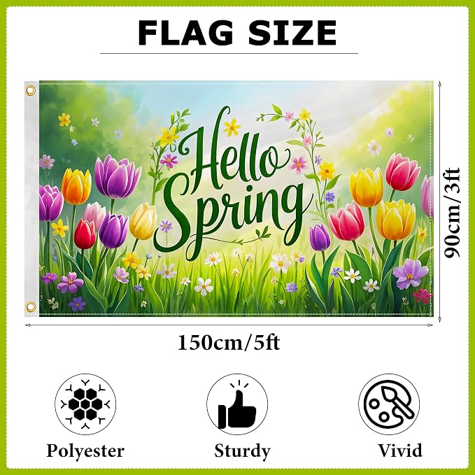 Spring Decorations Hello Spring Flag 3x5 Ft Outdoor Double Sided Printed Polyester All Things Revive Sign for Fence Garden Lawn Yard Home Decorations with 2 Grommets