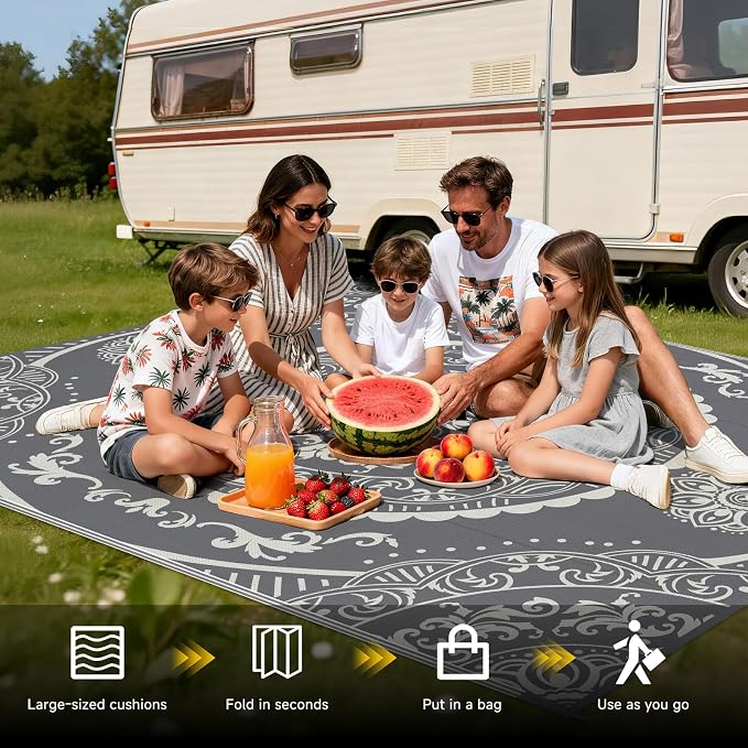 Pauwer Waterproof Outdoor Rug 8x10, Reversible Plastic Straw Patio Camping Rug, Indoor Outdoor RV Mat Carpet for Deck, Camper, Porch, Balcony, Backyard, Picnic, Paisley Grey