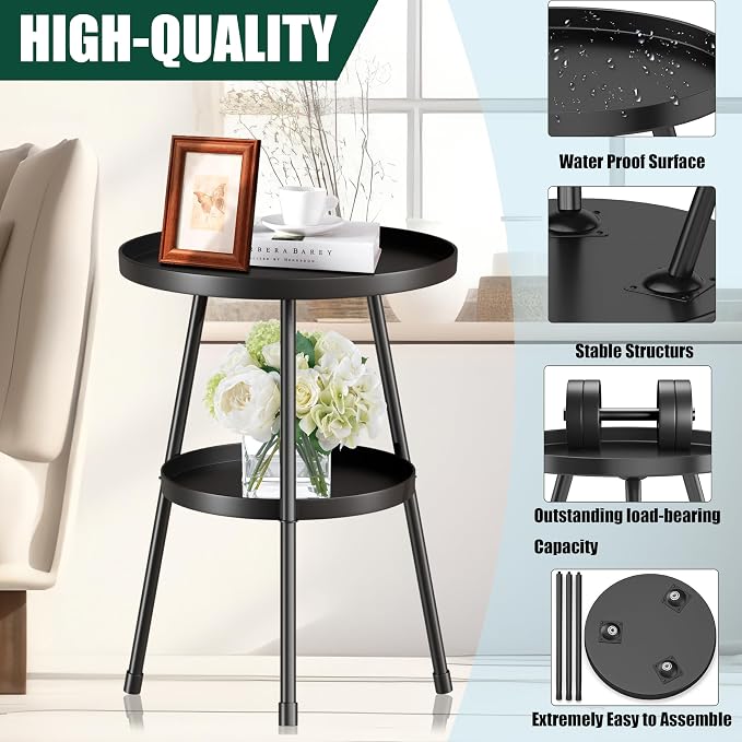 SYQ Round Metal Side Table Small End Table for Indoor Outdoor, Mid Century Modern Decor, Simple Circle Accent Table for Living Room Bedroom Bathroom Office All Matte Black