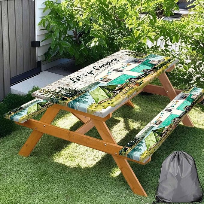Picnic Table Cover with Bench Covers Elastic Edges, Camping Watercolor Wooden Table Cover, Outdoor Patio Camping Essentials 60 Inch 3PCS, Waterproof Washable Fitted Tablecloth with Drawstring Bag