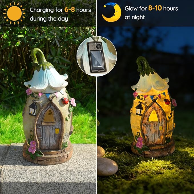 Resin Fairy Garden Statue with Solar Light Perfect for Garden Decor, Featuring a Charming Morning Glory Vine adorning its Crown.Ideal for birthday gifts and building fairy-tale cottages,12.2 inches.