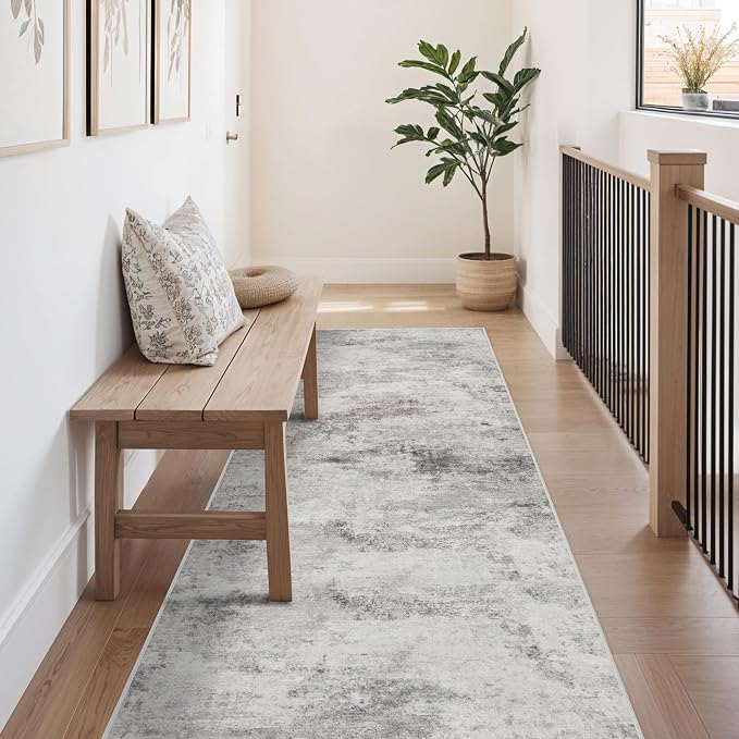 Carpet Runners for Hallway 8ft: Washable Non Slip Abstract Rugs Grey | for Kitchen Entryway Bedroom - Soft Stain Resistant Easy Clean Mat for Family with Pets