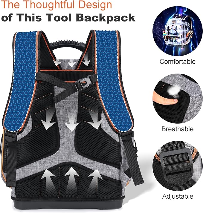 Tool Backpack Heavy Duty – LOKASS Tool Backpack with Molded Base, 1680D Tool Organizer with Laptop Compartment & Combination Lock, Water-Resistant Electrician & HVAC Tool Bag, Stands Upright