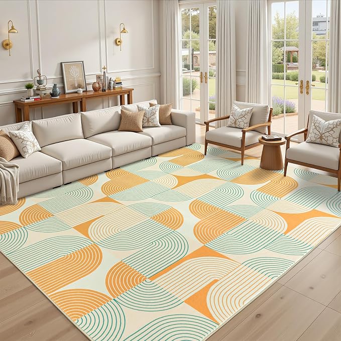 8x10 Area Rugs Washable Living Room Rug - Non-Slip Carpets Modern Rug | Neutral Soft Abstract Carpet Indoor Floor Stain Resistant Large Carpets for Bedroom Dining Room Nursery Home Office, Orange