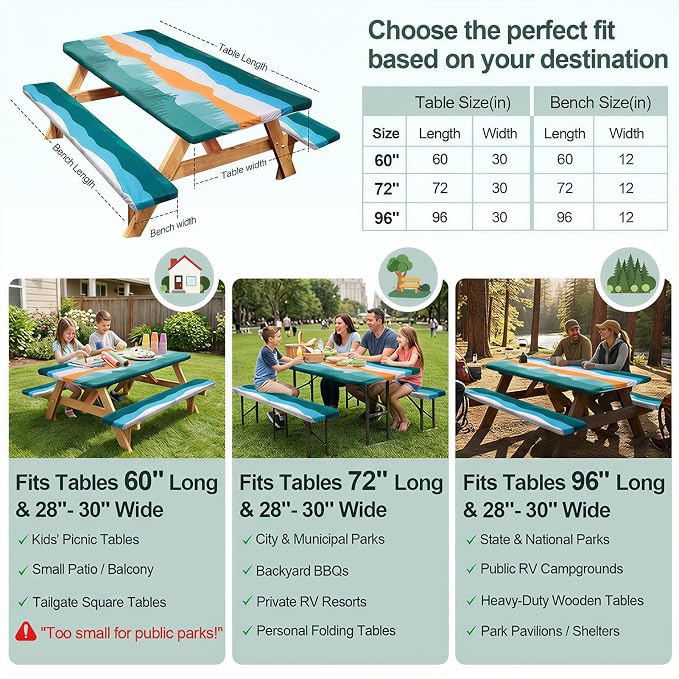 Picnic Table Cover with Bench Covers Camping Essentials Waterproof Windproof Camping Tablecloth with Drawstring Bag, Fitted Rectangle Tables and Seats, 96in, Orange Blue