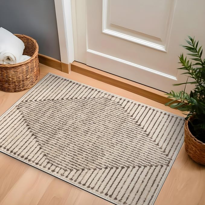 Rugshop Abstract Line Pattern Neutral Decor Area Rug Beige 2' 3" x 4' | Rectangular, Size 2' 3" x 4', Living Room, Bedroom, Dining Room, Home Office, Kitchen, Entryway, Hallway, Nursery, Kids Room