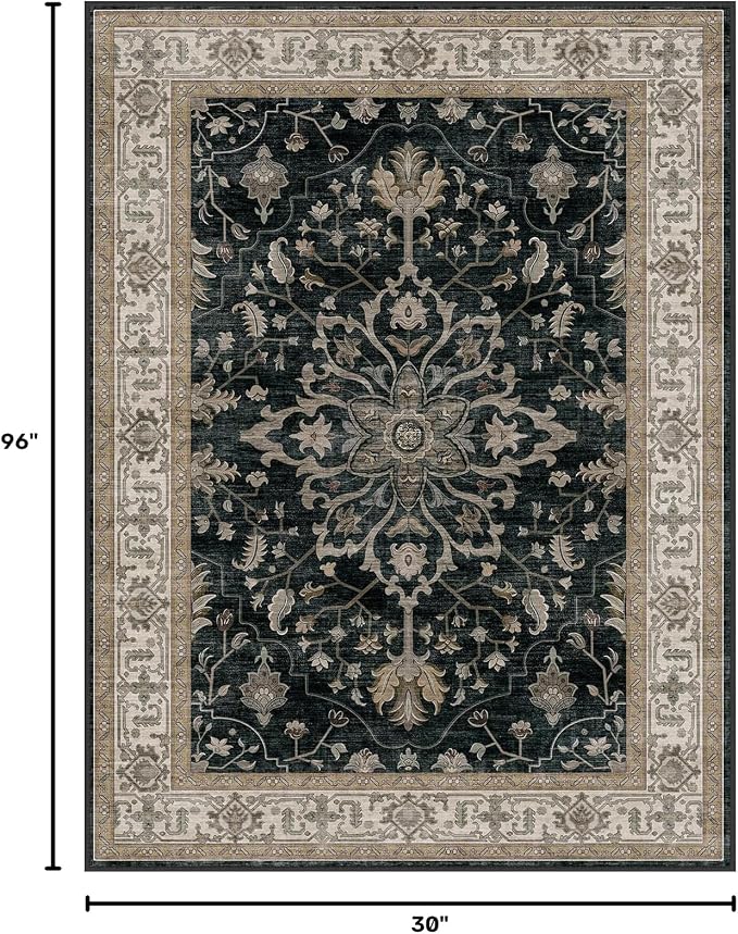 RELEANY Washable Area Rug, Runner 2'6"x8', Black/Vintage/Beige | Non-Slip, Water Repellent, Pet Friendly, Easy to Clean, Vintage Floral Boho Decor for Kitchen Entry Bedroom Bedside Laundry