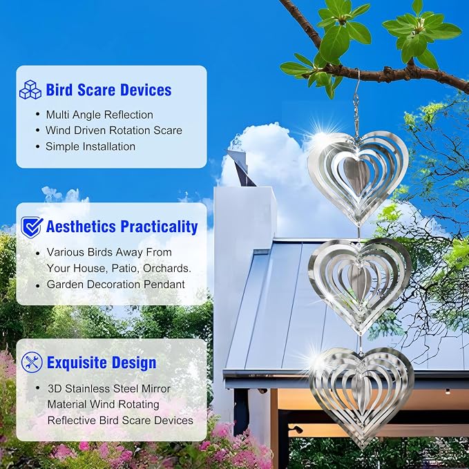 9 Pack Heart Shaped Mirror Reflective Hanging Wind Spinners, Stainless Steel 360° Swivel Decorative Discs, Weather Resistant Outdoor Ornaments for Yard, Patio, Balcony & Garden