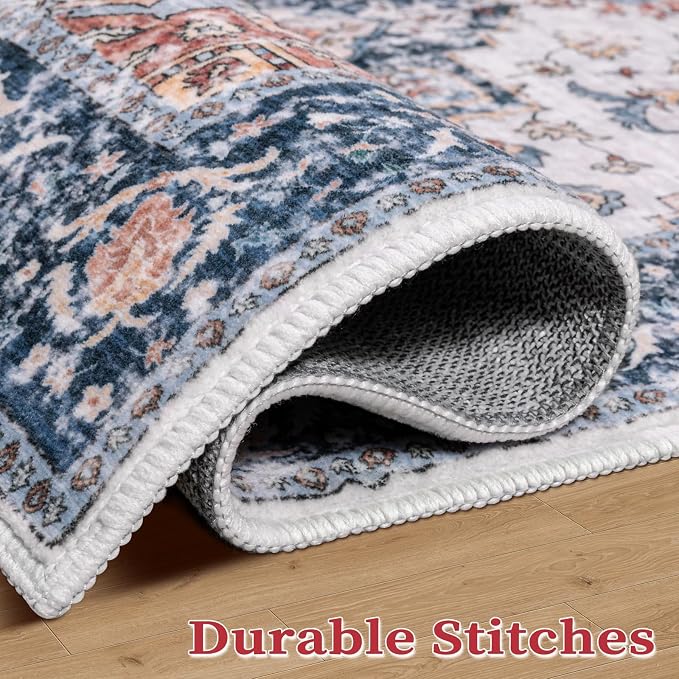 SERISSA 3x5 Washable Non Slip Boho Area Rug for Bedroom，Blue Orange | Ultra Soft Vintage Oriental Carpet Low-Pile Distressed Tribal Throw Rug Carpet for Living Room Nursery Kitchen Dorm Decor