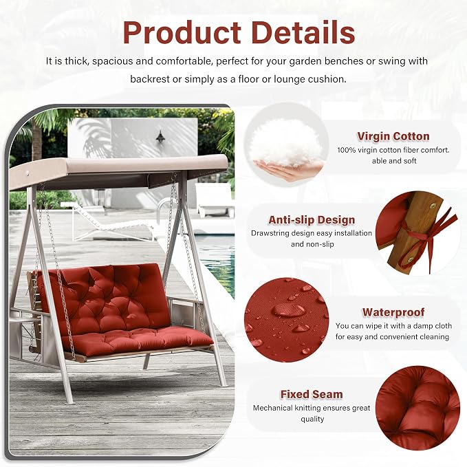 Porch Swing Cushion with Backrest,Waterproof Bench Cushion for Outdoor Furniture,2-3 Seater Replacement Thickened 5 in Swing Cushion,with Ties,Patio,Backyard and Garden (Terra Red,40x40 in)