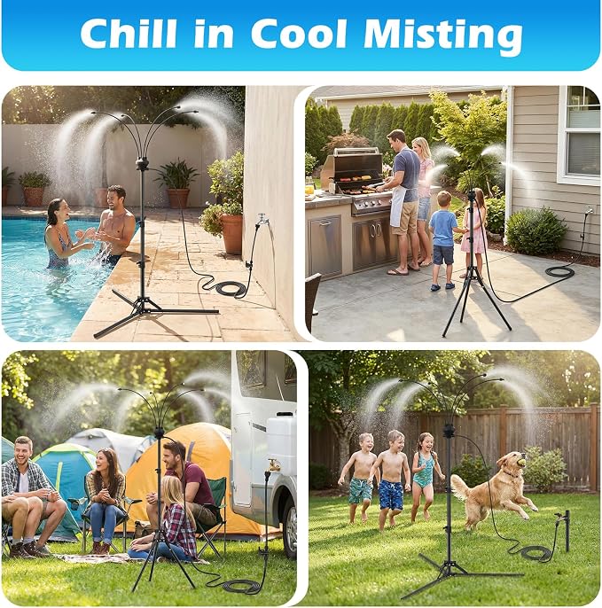Roylvan Portable Misters for Outside Patio, Standing Misting System for Outdoor, 5.25ft Height Adjustable Stand Mister with 4 Nozzles, Tanning Mister Water Mist Hose Kit for Backyard Garden Pool Patio